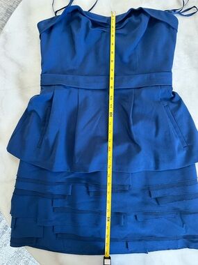 BCBGMAXAZRIA Annika Strapless Party Dress. 12. Navy peplum skirt w/layers